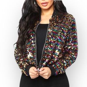CRESAY Multi Colored Sequined Bomber Jacket Size X-Large Black NWT Hollywood!!
